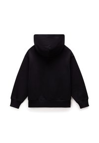 Zwarte hoodie met een relaxte pasvorm. Heeft lange mouwen, geribbelde manchetten en een zachte textuur. De achterkant heeft een strakke, minimalistische uitstraling.