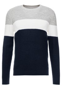 Knitted sweater featuring a textured design with grey, white, and navy horizontal stripes. Crew neck and ribbed cuffs and hem.