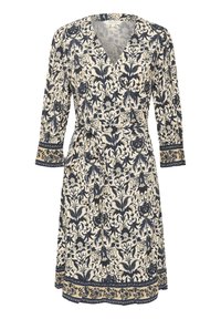 Robe portefeuille avec un motif floral bleu marine et crème, à manches trois-quarts, avec une taille à nouer et des bordures décoratives au niveau de l'ourlet.