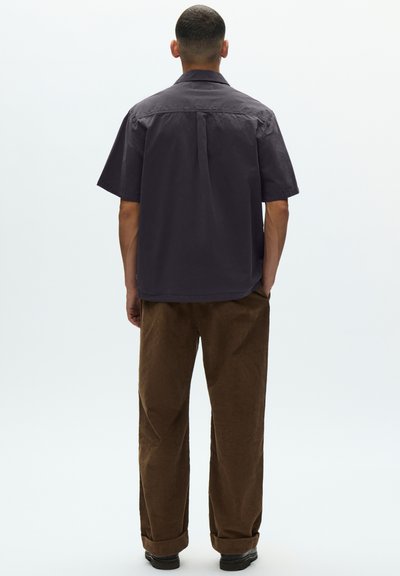 Mees seisab käed taskutes, kandes tumedat lühikese varrukaga särki ja pruune sametpüksid ühtlase tausta ees.