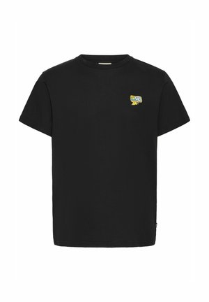 Zwarte katoenen t-shirt met ronde hals, korte mouwen en een gele geborduurde logo op de linkerborst. Gladde textuur, klassieke pasvorm.
