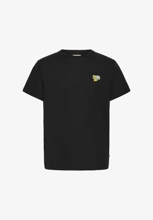 T-shirt en coton noir avec un col rond, des manches courtes et un logo brodé jaune sur la poitrine gauche. Texture lisse, coupe classique.