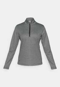 Black and white patterned long-sleeve pullover with a high collar and half zip, featuring a textured fabric and fitted silhouette.