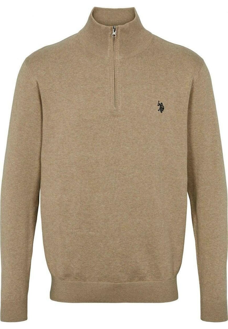 Beżowy sweter z zamkiem na szyi, wykonany z miękkiego materiału dzianinowego. Posiada długie rękawy, ściągacze u rękawów oraz małe logo na klatce piersiowej.
