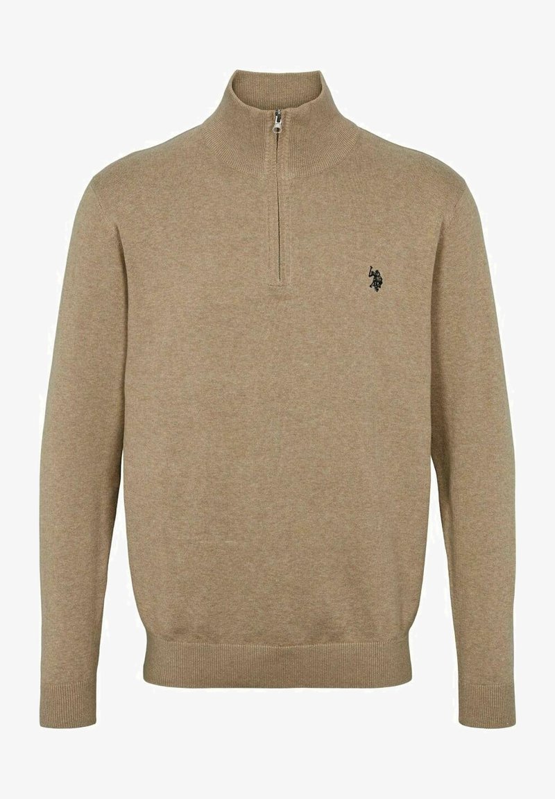 Beżowy sweter z zamkiem na szyi, wykonany z miękkiego materiału dzianinowego. Posiada długie rękawy, ściągacze u rękawów oraz małe logo na klatce piersiowej.