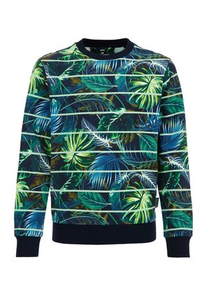 Marineblauer Pullover mit langen Ärmeln, versehen mit horizontalen Streifen und einem tropischen Blattmuster in Grün-, Blau- und Weißtönen.