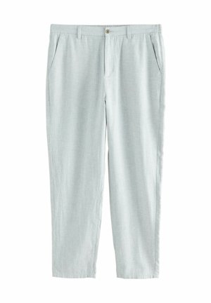 Pantaloni in lino azzurro chiaro con vestibilità comoda, dotati di due tasche laterali e chiusura con un bottone in vita, texture liscia.