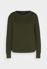 Pull en maille côtelée à manches longues de couleur vert foncé, avec un col rond et des poignets ajustés. Texture douce, forme décontractée ; branding minimal visible.