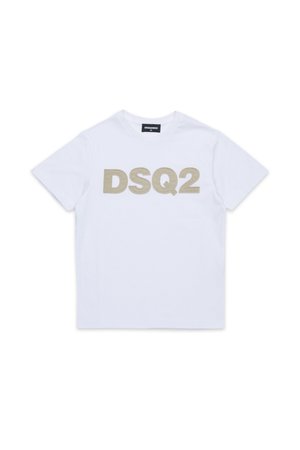 Maglietta bianca in cotone con un grande logo "DSQ2" beige al centro. Collo rotondo, maniche corte e texture morbida.