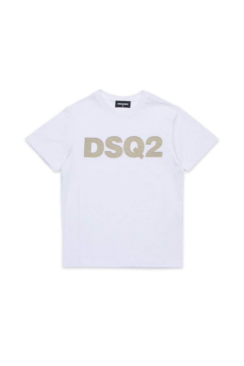 Maglietta bianca in cotone con un grande logo "DSQ2" beige al centro. Collo rotondo, maniche corte e texture morbida.