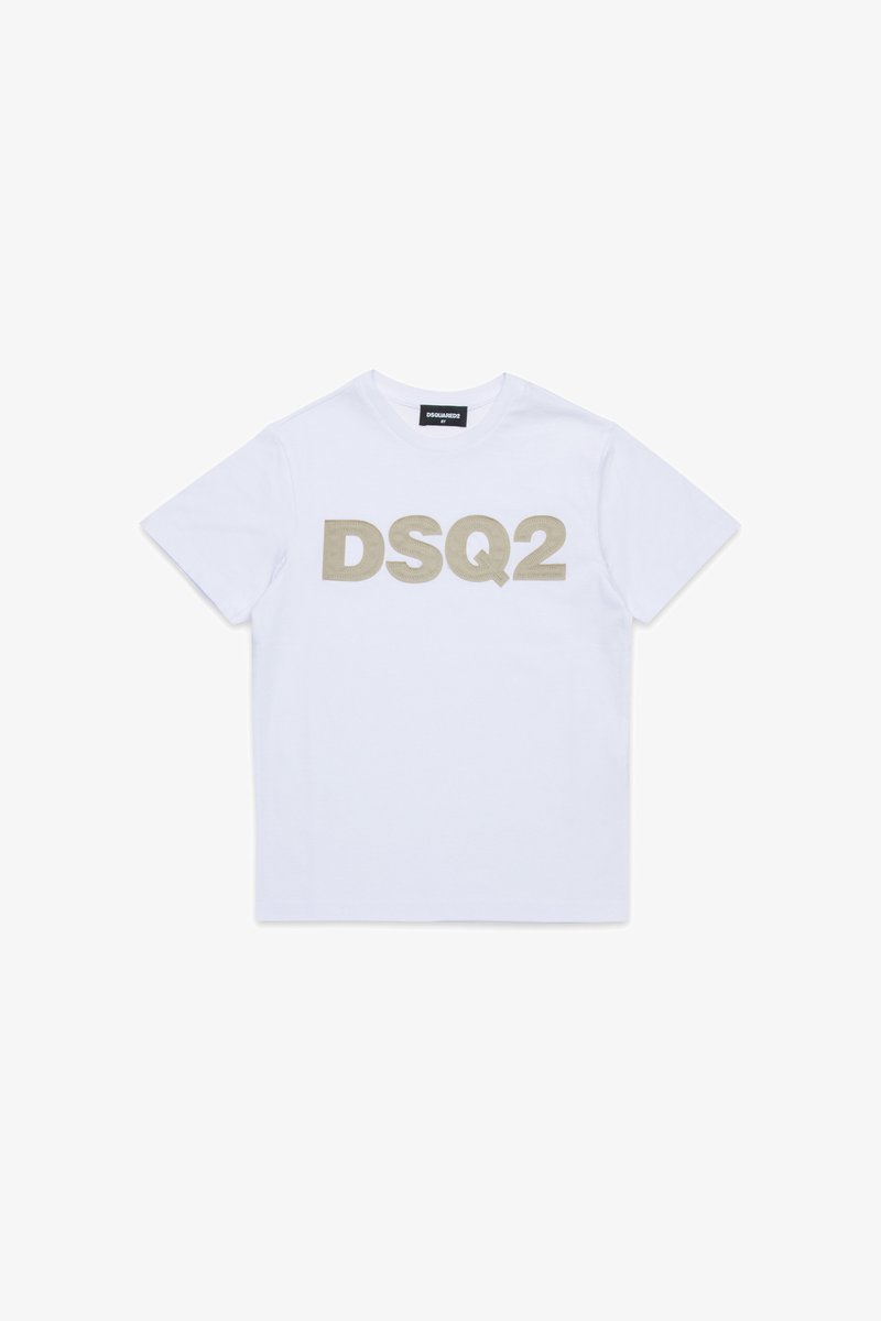 Hvid bomulds t-shirt med et stort, centralt beige "DSQ2" logo. Rund hals, korte ærmer og blød tekstur.