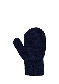Dunkelblauer gestrickter Handschuh mit einem gerippten Bündchen, der eine abgerundete Spitze und ein einziges Fach für den Daumen aufweist, aus weicher Wolle gefertigt.