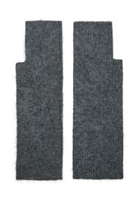 Guanti grigi senza dita realizzati in morbido lana testurizzata, con un design a coste e punte aperte per le dita, con una finitura pelosa.
