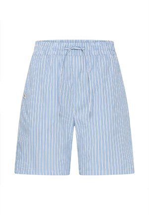 Shorts rayés verticalement bleu clair et blanc avec taille élastique et cordon de serrage, longueur genou, une poche latérale.
