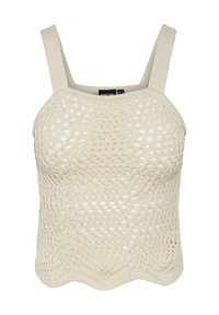 Top corto de crochet color crema con tirantes anchos y un dobladillo en forma de concha, que presenta un patrón de punto abierto y un acabado texturizado.