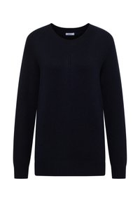 Dunkelblauer, gestrickter Pullover mit Rundhalsausschnitt, langen Ärmeln und gerippten Bündchen und Saum. Mit vertikalen Nahtdetails.