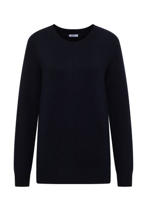 Mörk marinblå stickad tröja med rund halsringning, långa ärmar och ribbade muddar och fåll. Har vertikala sömdetaljer.