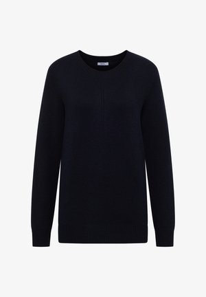 Pull à col rond en maille bleu marine foncé, à manches longues, avec des poignets et un ourlet côtelés. Présente des détails de coutures verticales.