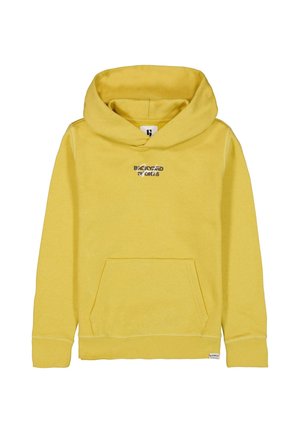 Gele hoodie met een kangoeroezak aan de voorkant en een klein "BACKYARD SPORTS" logo in zwart-wit op de borst gedrukt.