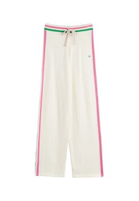 Weiße weite Hosen mit einem Kordelzugbund, versehen mit pinken und grünen Seitenstreifen sowie einem kleinen grünen Logo an einem Bein. Weiche Textur.