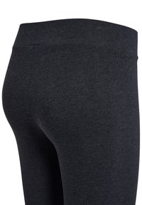 Dunkelgraue, hoch taillierte Stretch-Leggings, von hinten gezeigt, mit Betonung auf glattem Stoff und nahtlosem Bunddesign.