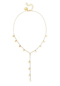 Collana in tono oro con una delicata catena e pendenti circolari, inclusa un'accensione centrale a goccia. Chiusura regolabile con maglie.