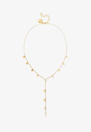 Collar en tono dorado que presenta una cadena delicada con pendiéntes circulares, incluyendo un acento central en forma de gota. Cierre ajustable con eslabones.