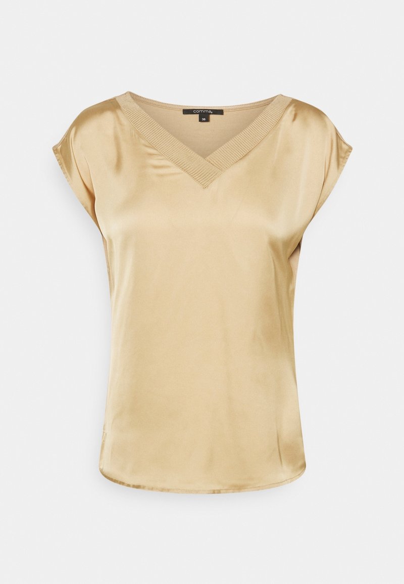 Blouse beige en satin à manches courtes avec col en V et bord côtelé, taille 36, présentée sur un fond blanc uni.