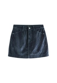 Fustă din denim de un albastru închis, cu croială dreaptă, cinci buzunare și cusături în contrast. Are închidere cu buton în față și bați pentru curea.