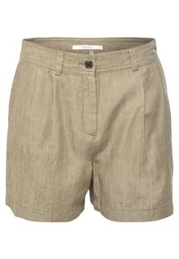 Khaki lněné kraťasy s vysokým pasem, předním zapínáním na knoflík a zip, smyčkami na opasek a bočními kapsami, velikost 36.