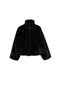 Chaqueta de piel sintética negra con cuello alto, cierre completo y mangas abullonadas. Diseño ligeramente recortado con una superficie suave y texturizada.