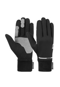Schwarze Handschuhe aus synthetischem Material mit einer strukturierten grauen Handfläche und Fingerspitzen. Mit einem engen Handgelenkbund und reflektierenden Akzenten.
