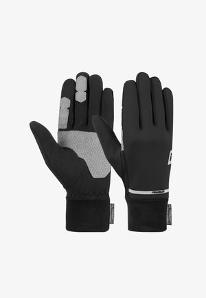 Black gloves made of synthetic material with a textured gray palm and fingertips. Includes a snug wrist cuff and reflective accent.
