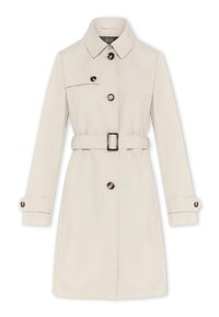 Beige trenchcoat van gladde stof, met een riem, grote knopen en een kraag met een flapdetail. Lange mouwen met knoopmanchetten.
