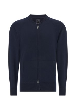 Granatowy kardigan zapinany na zamek, z okrągłym dekoltem, prążkowanymi mankietami i dwoma przednimi kieszeniami. Gładka tekstura i minimalistyczny design. Lekki materiał.