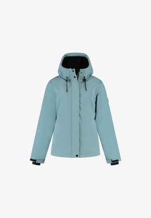 Veste imperméable à capuche bleu clair avec cordons réglables, fermeture éclair avant avec boutons-pression et fermetures à sangle aux poignets.