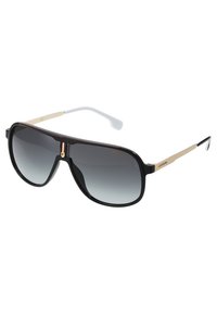 Ochelari de soare cu ramă din plastic negru, lentile gri în degradé, brațe cu accente de aur și vârfuri din cauciuc alb. Design elegant și unghiular pe întreaga lungime.
