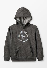 Grå hætte sweatshirt med en k�ængurulomme, der har et cirkulært, multikolor logo med et elg-graphic og ribbede manchetter.