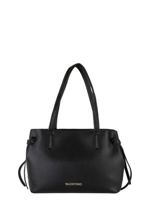 Sac à main noir Valentino avec deux longues poignées, détails noués sur les côtés et logo doré à l'avant, présenté sur fond blanc.