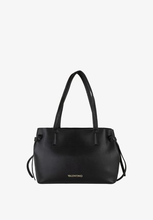 Sac à main noir Valentino avec deux longues poignées, détails noués sur les côtés et logo doré à l'avant, présenté sur fond blanc.