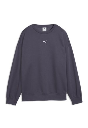 Donkergrijze Puma sweater met lange mouwen, ronde hals en klein wit Puma-logo midden op de borst.