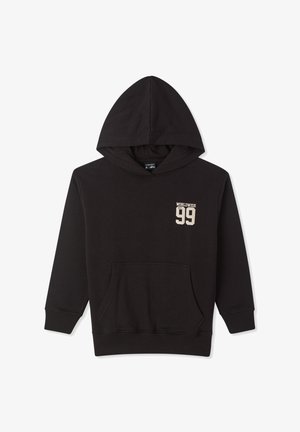 Felpa nera con cappuccio realizzata in misto cotone, dotata di cappuccio con coulisse, tasca frontale a marsupio e logo stampato con la scritta "WORLDWIDE 99" sul petto.
