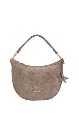Piccola borsa taupe con tracolla intrecciata, texture effetto coccodrillo, cerniera dorata, charm a forma di stella e piccolo logo dorato sul davanti.