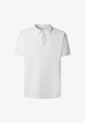 White polo shirt made of cotton, featuring a collar, two-button front, and short sleeves. Subtle logo embroidered on the chest.