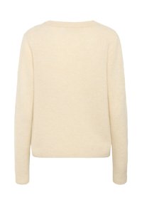 Krämfärgad stickad tröja, rund halsringning, långa ärmar, mjuk textur och ribbad fåll. Enkel design utan mönster eller dekorationer.