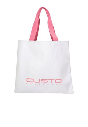 Borsa a tracolla bianca con manici rosa e logo rosa "CUSTO BARCELONA" sul davanti.