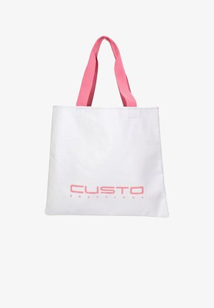 Borsa a tracolla bianca con manici rosa e logo rosa "CUSTO BARCELONA" sul davanti.