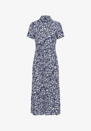 Korte mouwen, knoopsluiting jurk in marineblauw met een wit abstract bloemenpatroon, met een getailleerde taille en een midi-lengte rok.