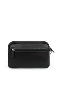 Pochette nera in pelle con zip, dotata di una tasca frontale esterna, texture liscia e design rettangolare minimalista con finiture in metallo argentato.
