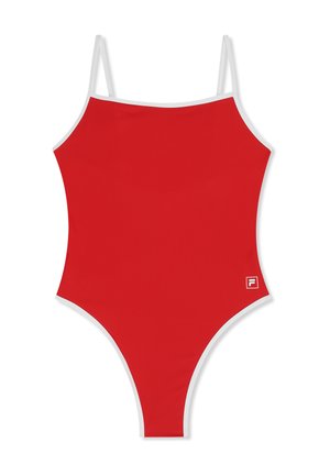 Roter Einteiler mit weißem Besatz und dünnen Schultergurten, mit einem kleinen weißen Logo auf der unteren linken Seite.